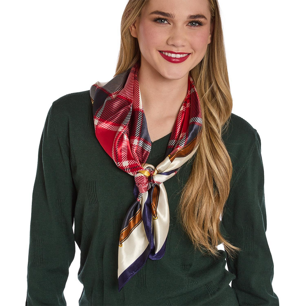Woman wearing a Heritage Tartan Silky Scarf in red and white plaid over a dark green sweater.