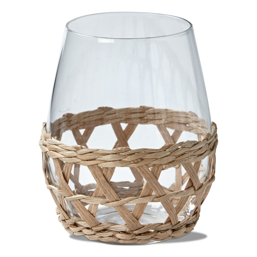 Island stemless wine glass with removable paper sleeve in natural tones