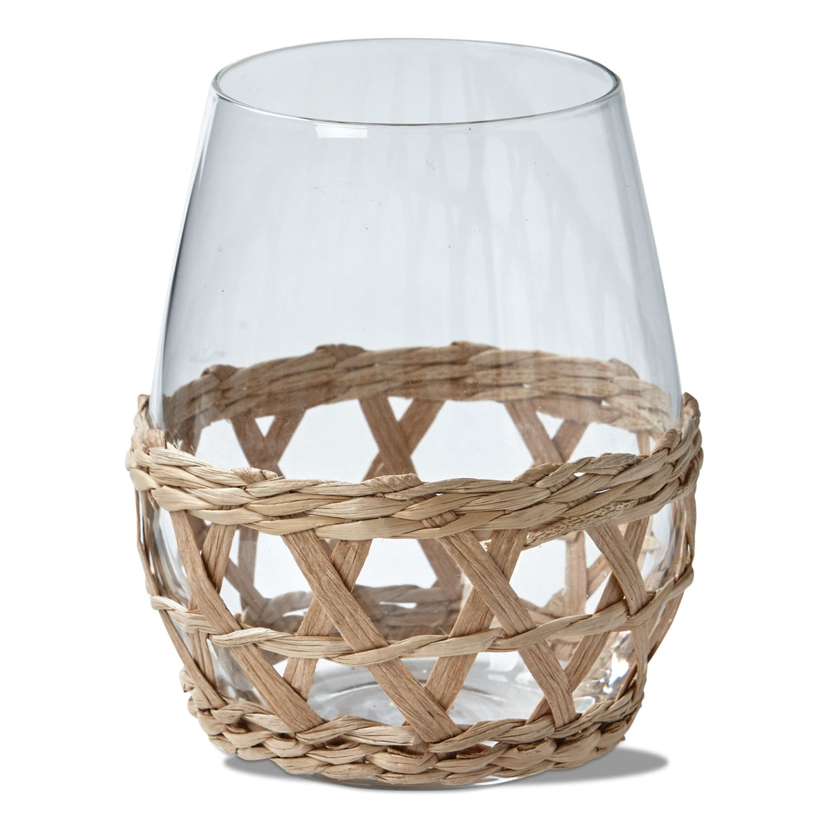 Island stemless wine glass with removable paper sleeve in natural tones