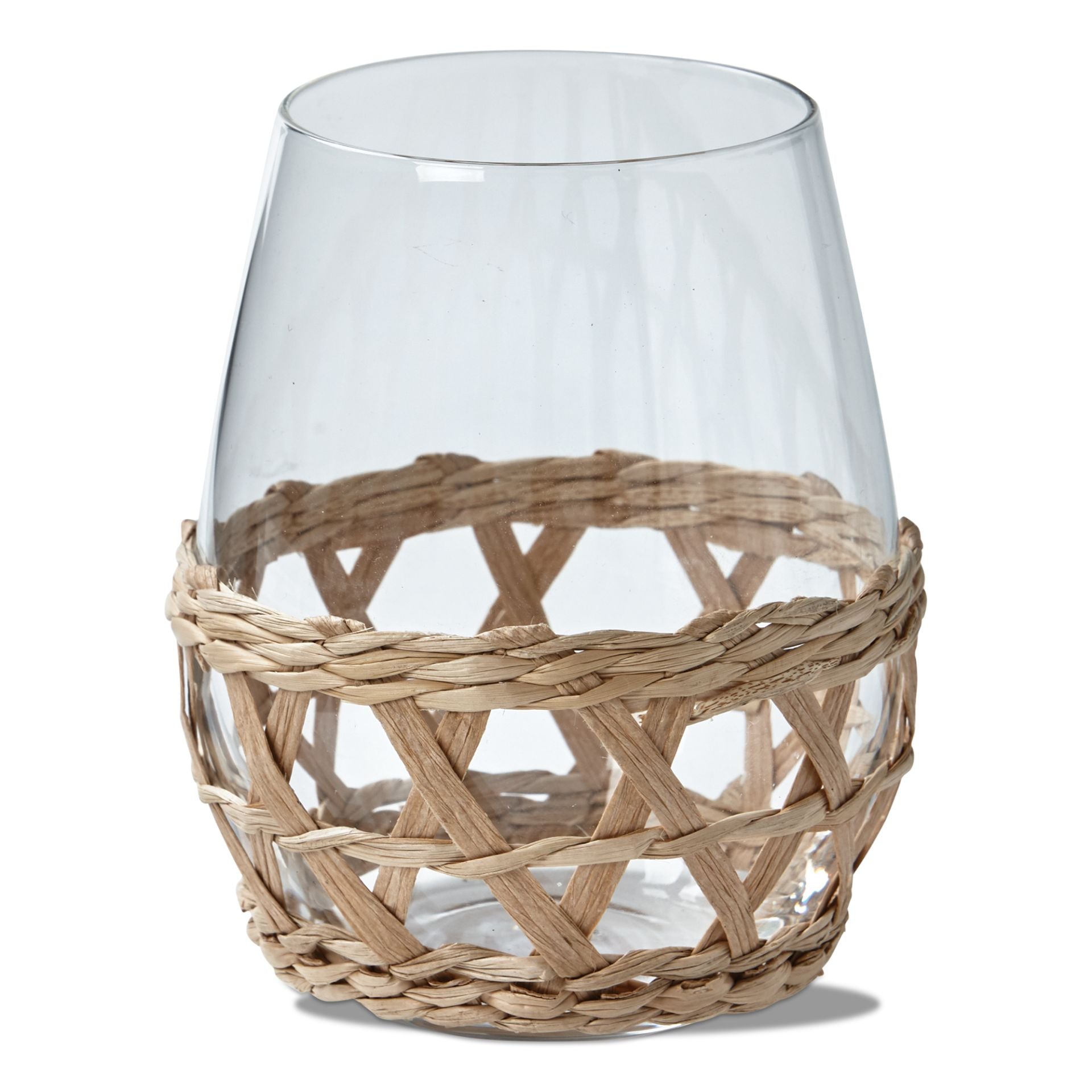 Island stemless wine glass with removable paper sleeve in natural tones
