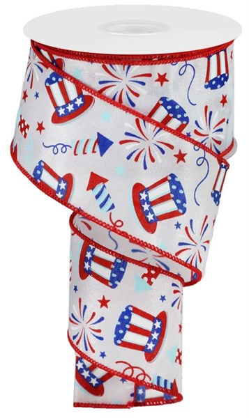 White, red, and blue nylon polyester ribbon with an Uncle Sam/Fireworks pattern.