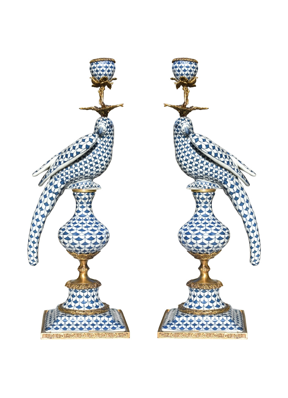 Blue/White Porcelain Fish Scale Bronze Bird Candlestick Left Facing