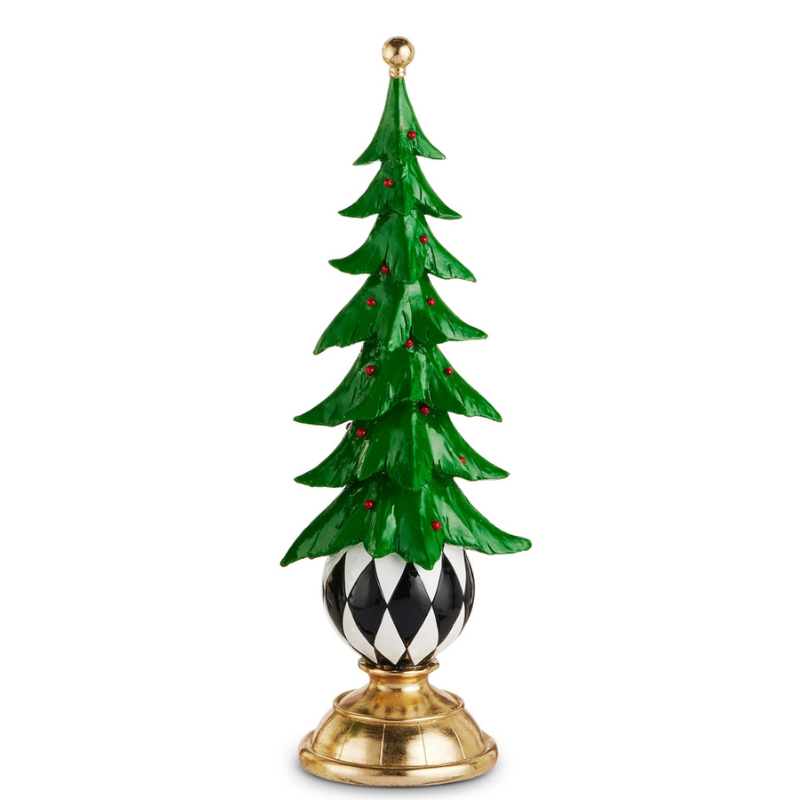 Green Christmas tree figurine with red berries on a black and white harlequin ball and gold base.