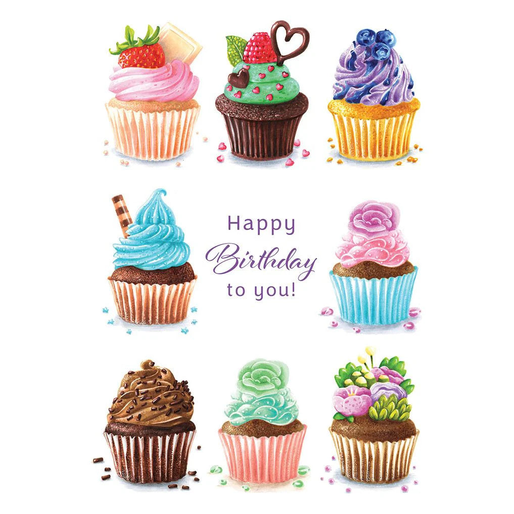 Birthday storybook cupcake with glitter finish featuring happy birthday text on the outside.
