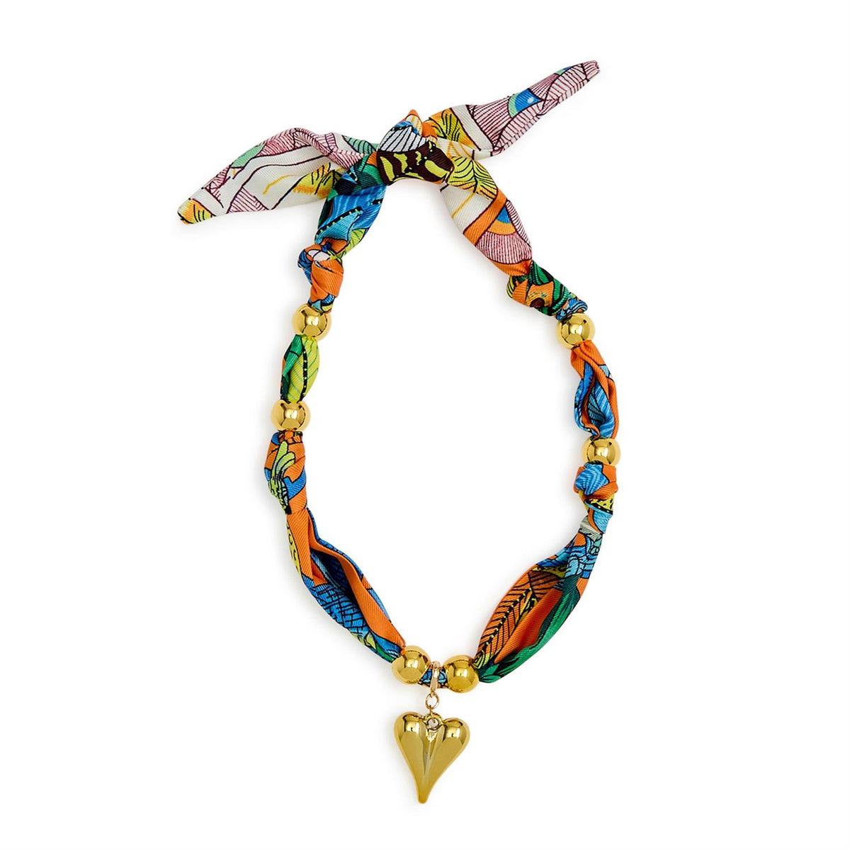 Adjustable scarf necklace with a tied knot design in neutral tones.