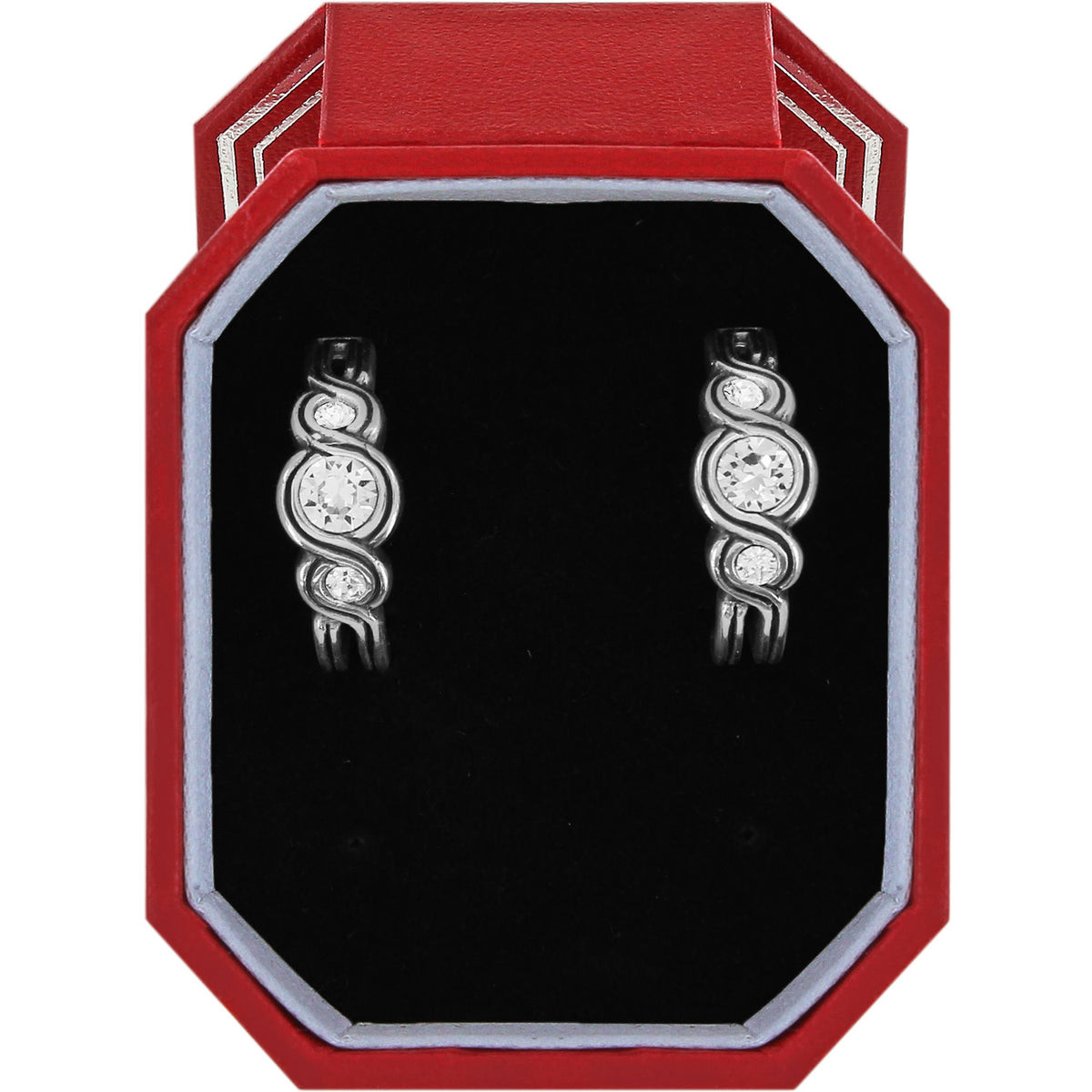 Silver plated infinity hoop earrings with crystals in an octagonal red gift box.