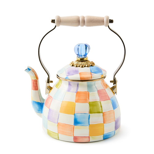 Two-quart tea kettle with hand-painted checkered steel body, wood handle, and glass finial.