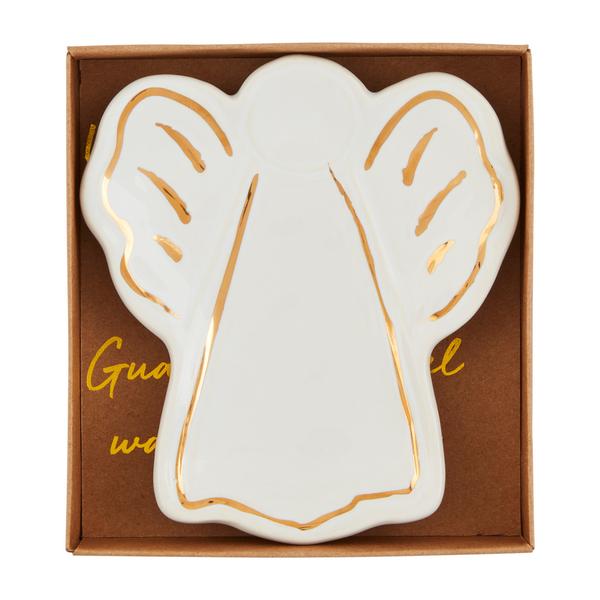 Hand-painted angel-shaped stoneware dish with an electroplate rim
