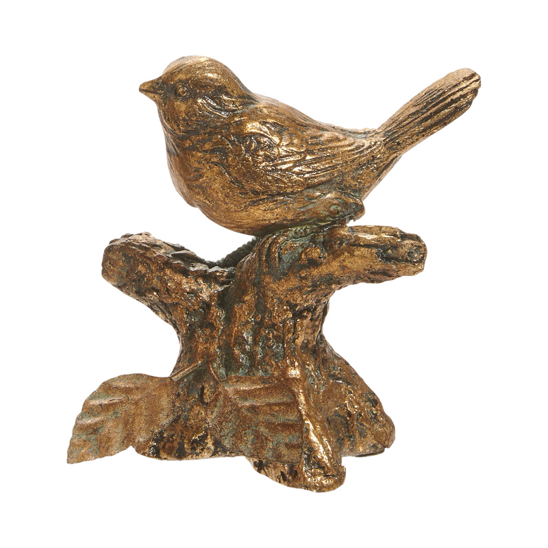 Four-inch antique gold resin bird perched on a branch with textured wings.