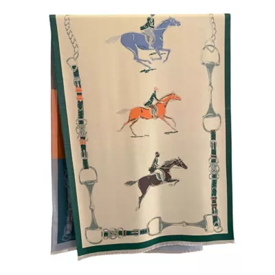 Reversible wrap scarf featuring an equestrian print with horses, riders, and bit details.