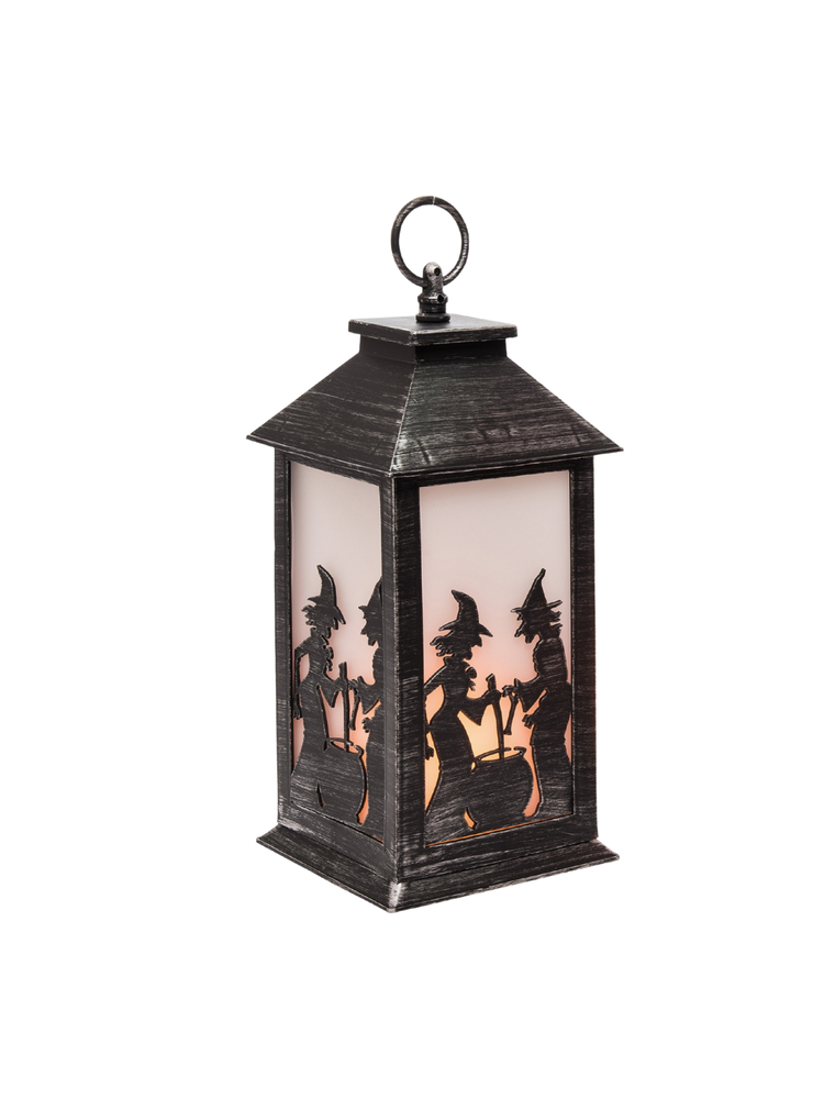 Black plastic light-up Halloween lantern with a witch silhouette design and a warm glow.
