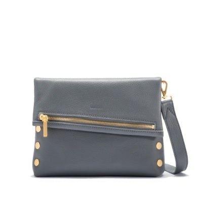 Black leather medium zippered bag with gold rivets, red seam detail, optional strap, and exterior phone pocket.