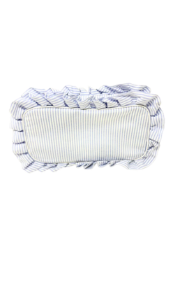Bottom view of a blue and white striped seersucker pouch with a ruffled trim.
