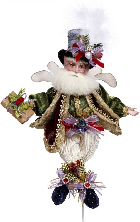 Festivities Fairy figurine with green velvet coat, gold trim, white beard, and holding a gift.