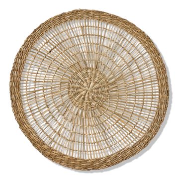 Round open weave seagrass placemat with a natural finish and radial pattern.