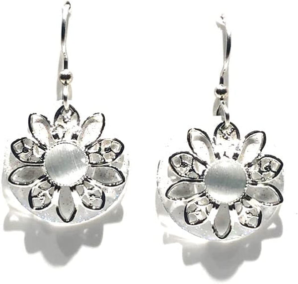 Silver Forest flower drop earrings with a central cabochon on a round silver-tone base.