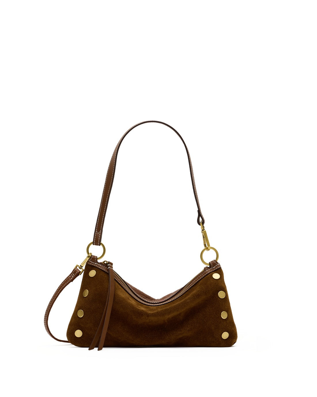 Brown suede Kyle Bag with gold stud details, a shoulder strap, and a crossbody strap.