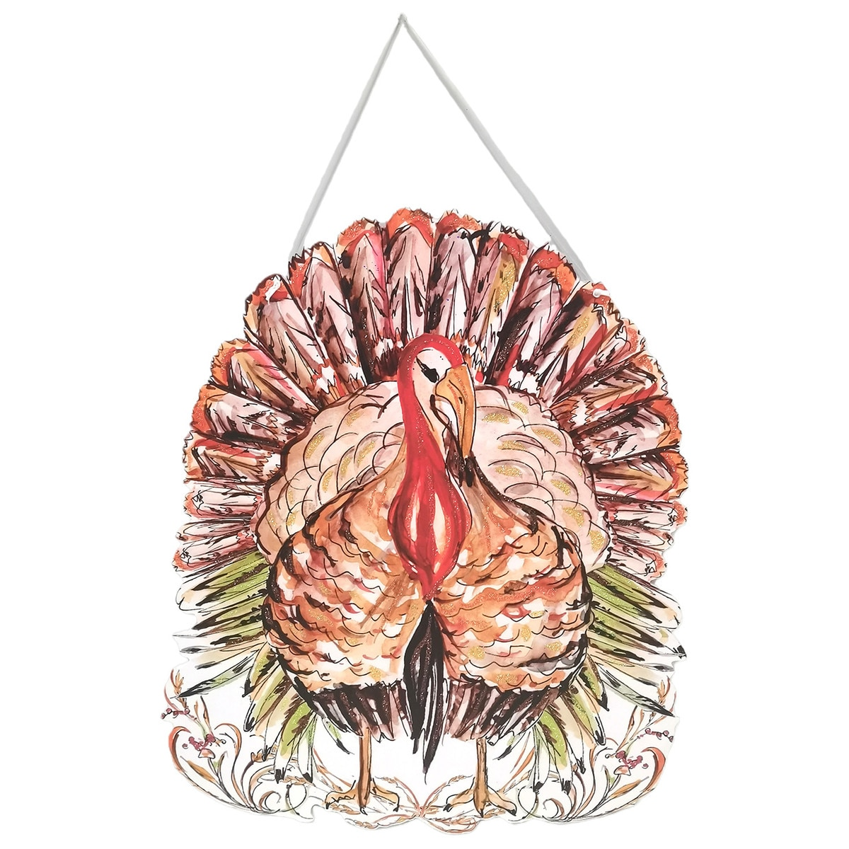Festive turkey PVC door hanger with artistic watercolor-style linework and a white hanging ribbon.
