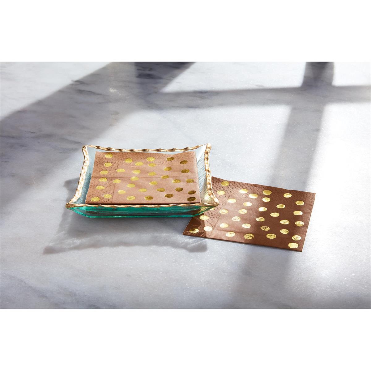 Gold Edge Napkin Caddy Set with a square glass tray and brown gold-dotted napkins on marble.