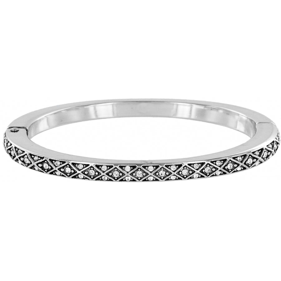 Silver plated diamond hinged bangle with fine-quality crystal accents in a geometric pattern.