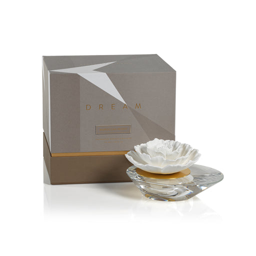 Dream Porcelain Diffuser Crystal Edition with a white peony flower on a clear crystal vase.