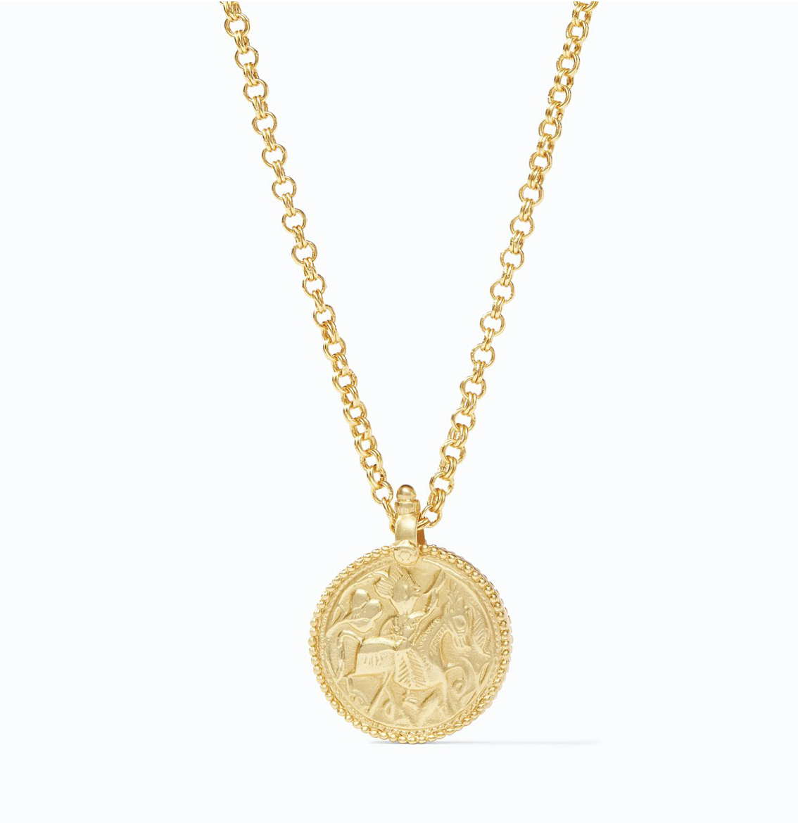 Gold coin pendant on a chain with a circular face.