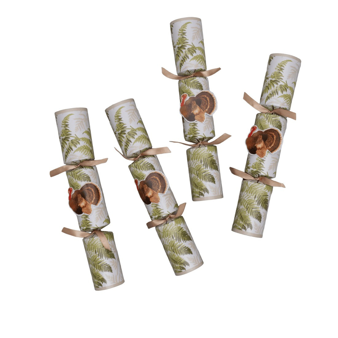 Four Turkey Among Ferns Celebration Crackers with green fern patterns and turkey appliqués.