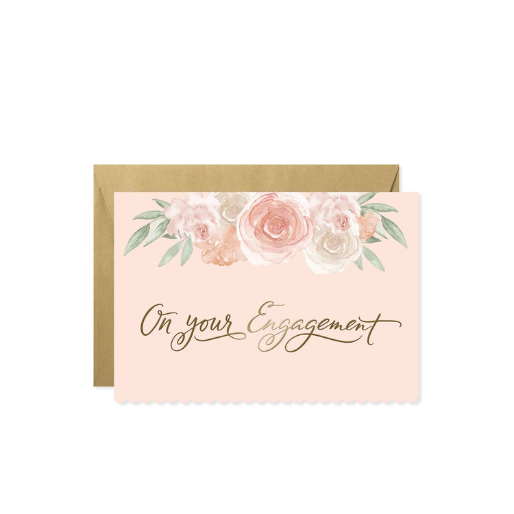 Gold engagement card with a rectangular shape.