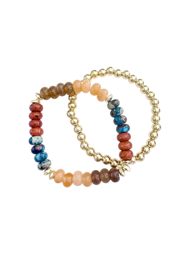 Tan turquoise stretch bracelet set with natural stone beads in green, blue, and tan tones.