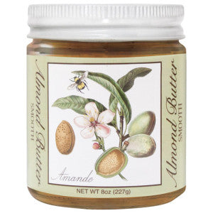 8oz jar of Almond Branch Smooth Almond Butter with botanical illustration of almonds and a bee.