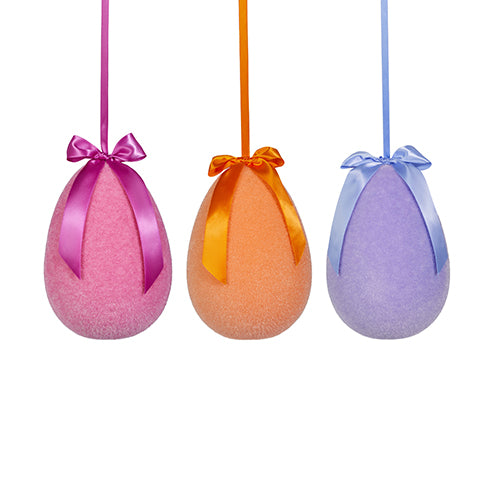 Ten-inch white flocked hanging egg decoration with a sherbet pastel color.