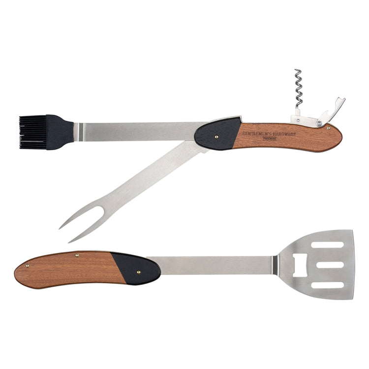 Wood-handled BBQ multi-tool with stainless steel finish featuring a spatula, basting brush, fork, bottle opener, and corkscrew.