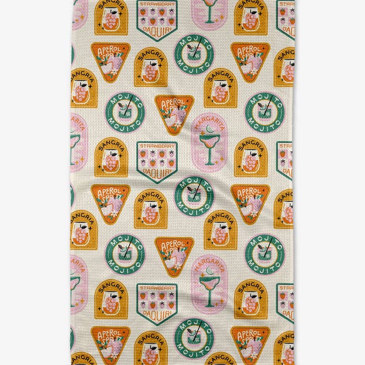 Recycled polyester waffle weave tea towel with single-sided print.