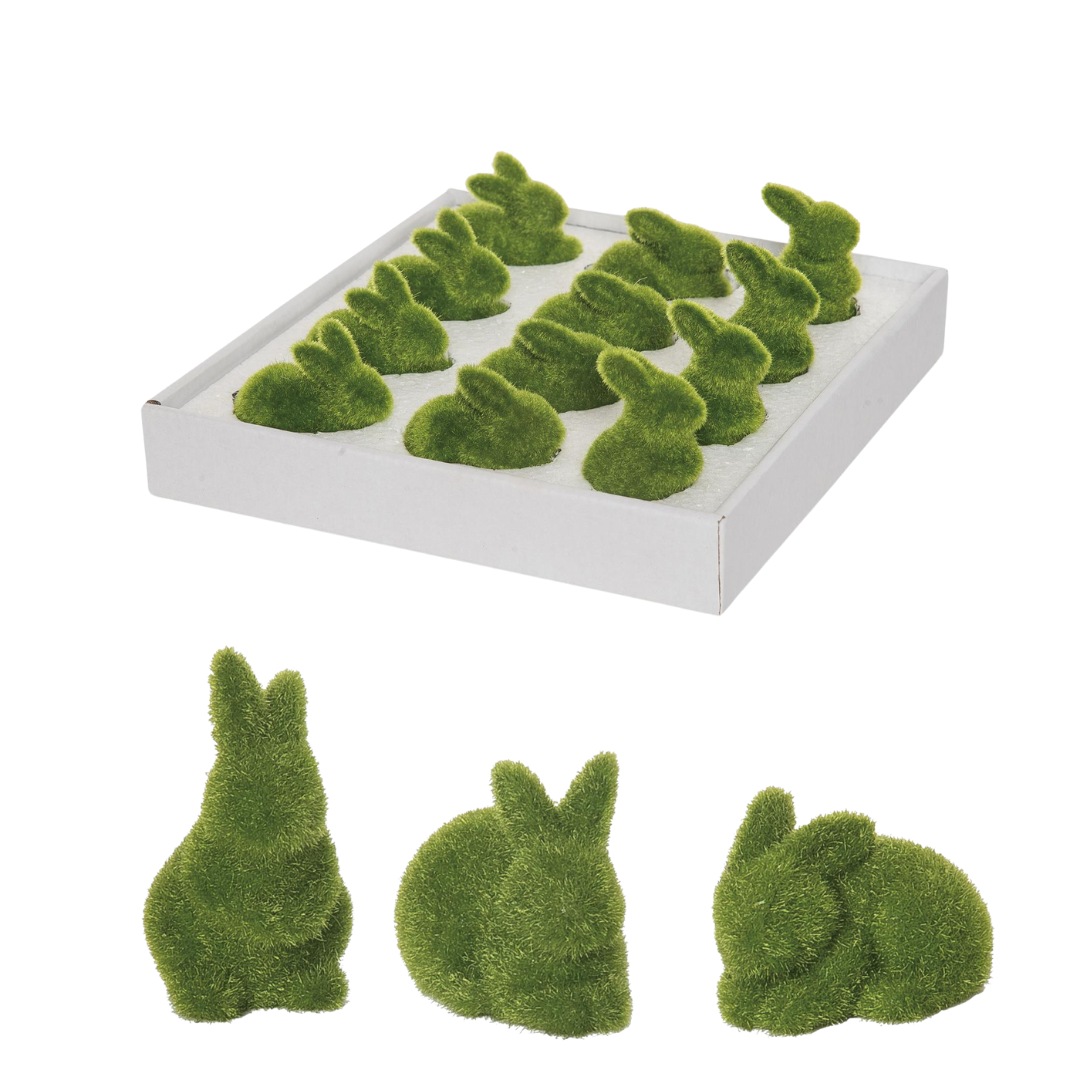 Set of three moss green flocked bunny figurines on a square base.