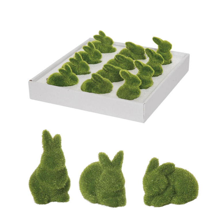 Set of three moss green flocked bunny figurines on a square base.