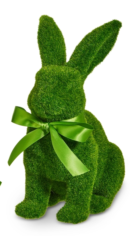 Green moss-covered flocking rabbit figurine with a matching green satin bow around its neck.