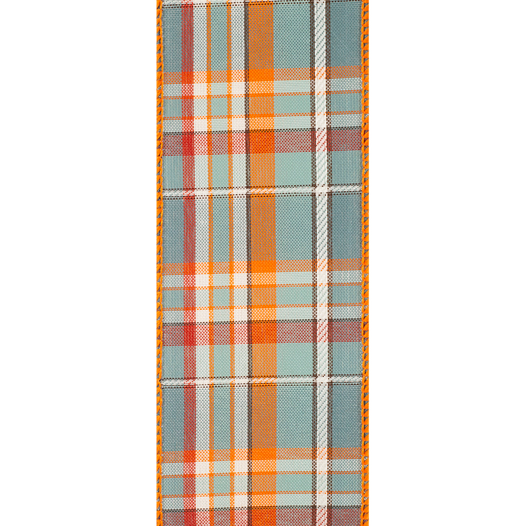 February plaid wired edge ribbon in shades of blue, orange, and white.