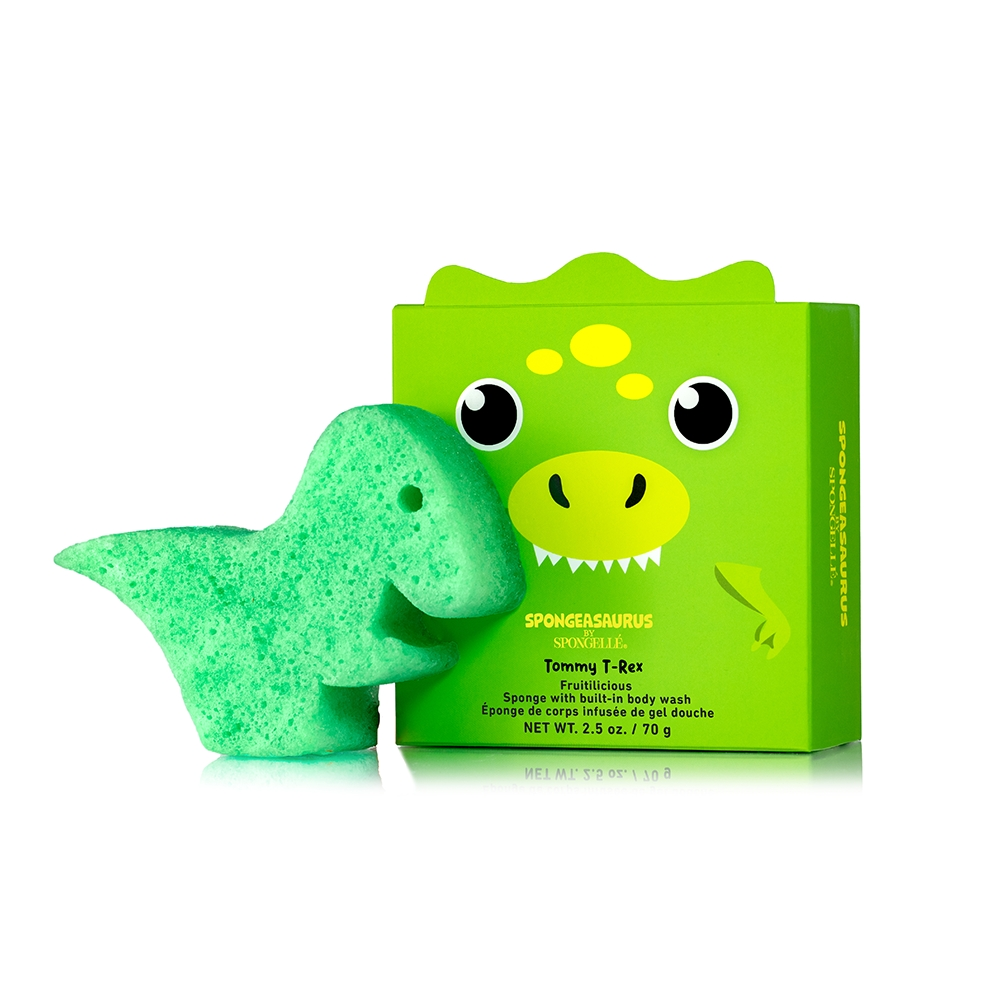 Sponge dinosaur animal bath toy with textured surface in playful green color.