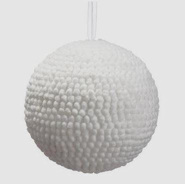 6 inch white textured ball ornament with a hanging string.