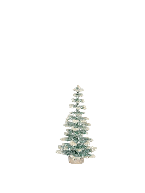 12.5-inch glittery green and white frosted evergreen bottle brush tree on a round base.