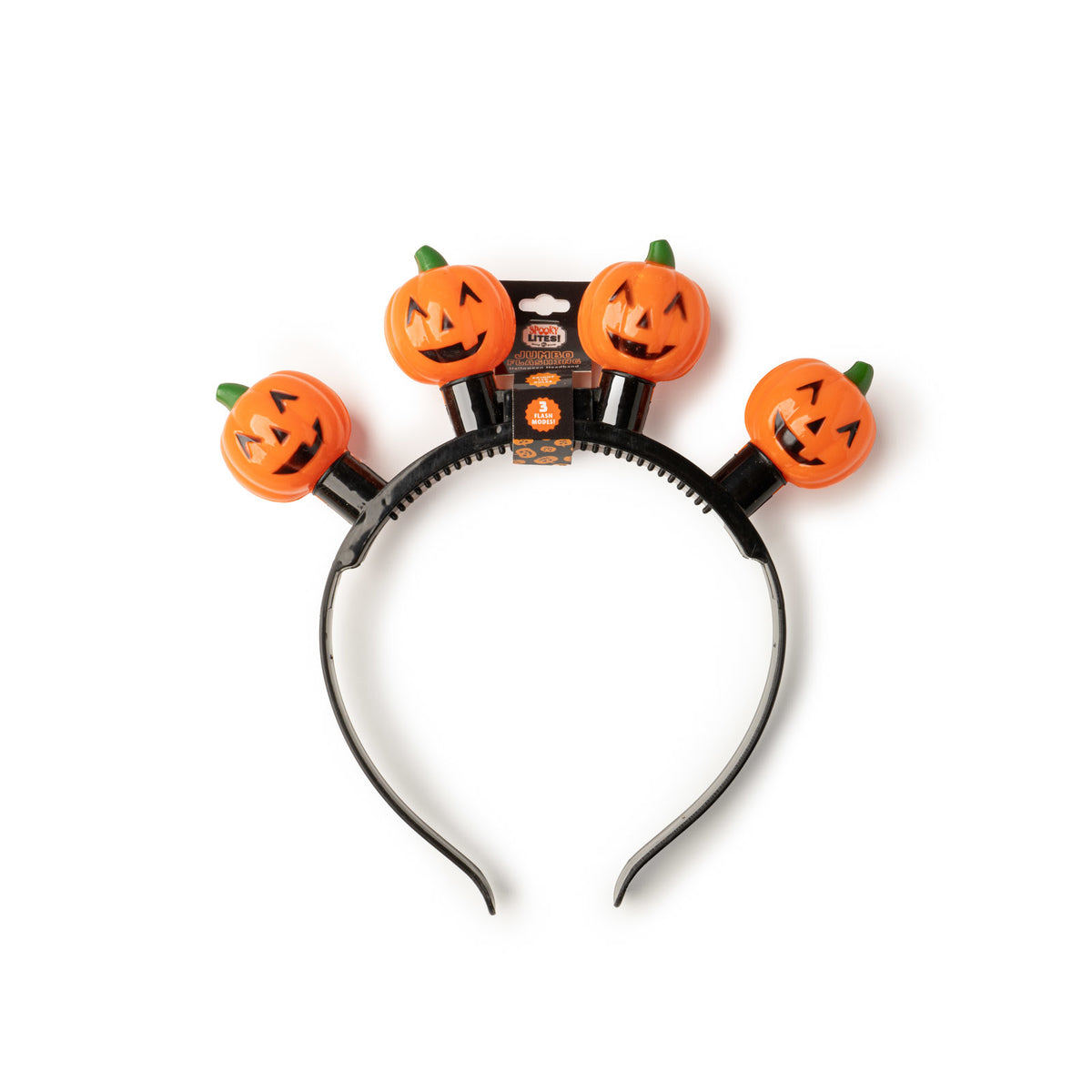 Black Halloween headband featuring four jumbo light-up jack-o'-lantern pumpkins with green stems.