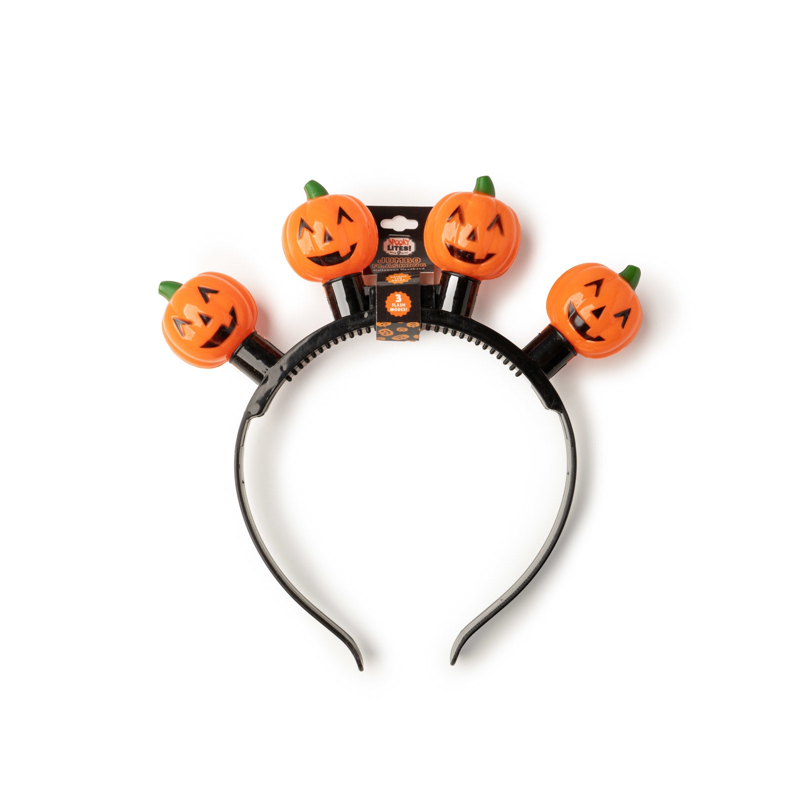 Black Halloween headband featuring four jumbo light-up jack-o'-lantern pumpkins with green stems.