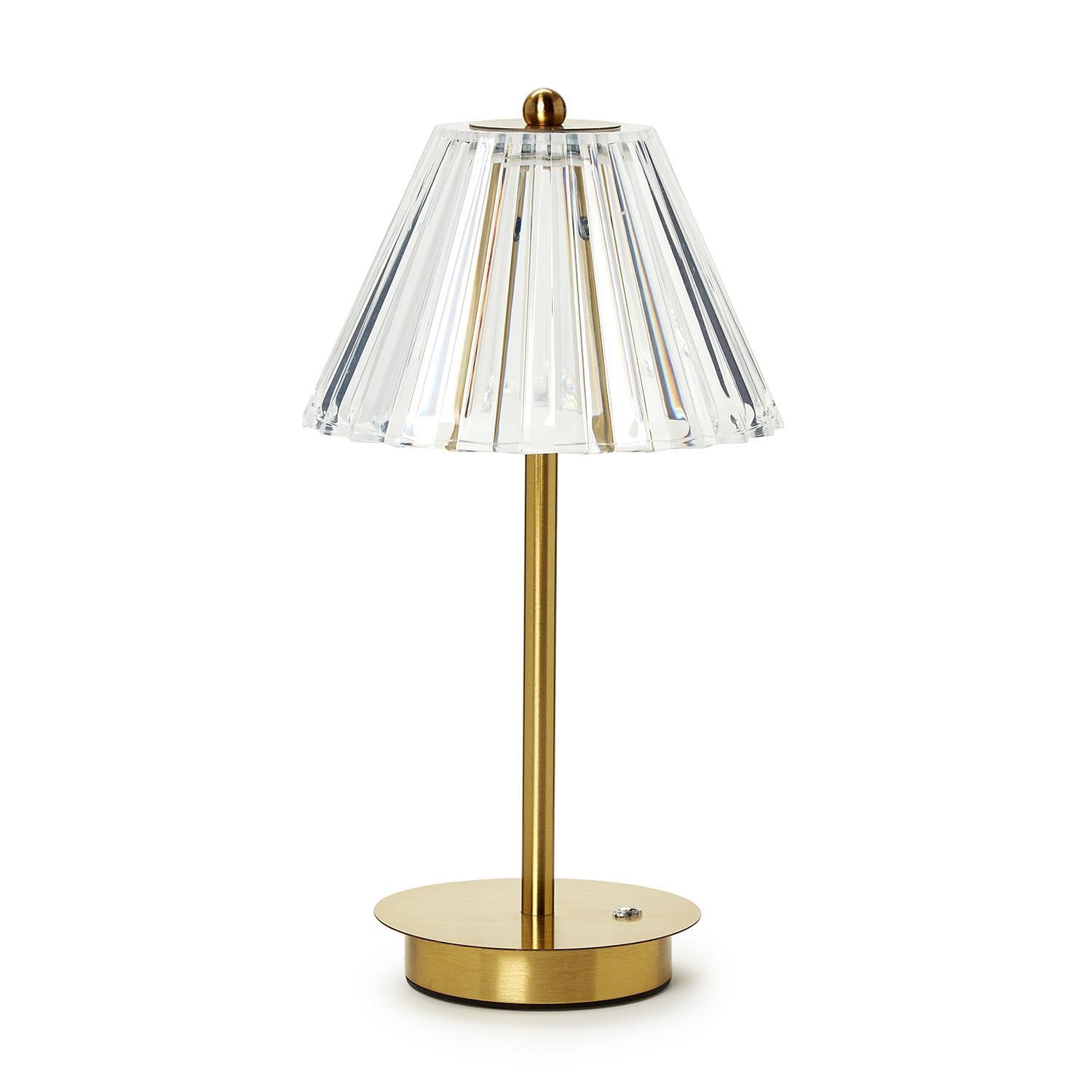 Cordless LED table lamp with clear acrylic shade on iron base in gift box packaging
