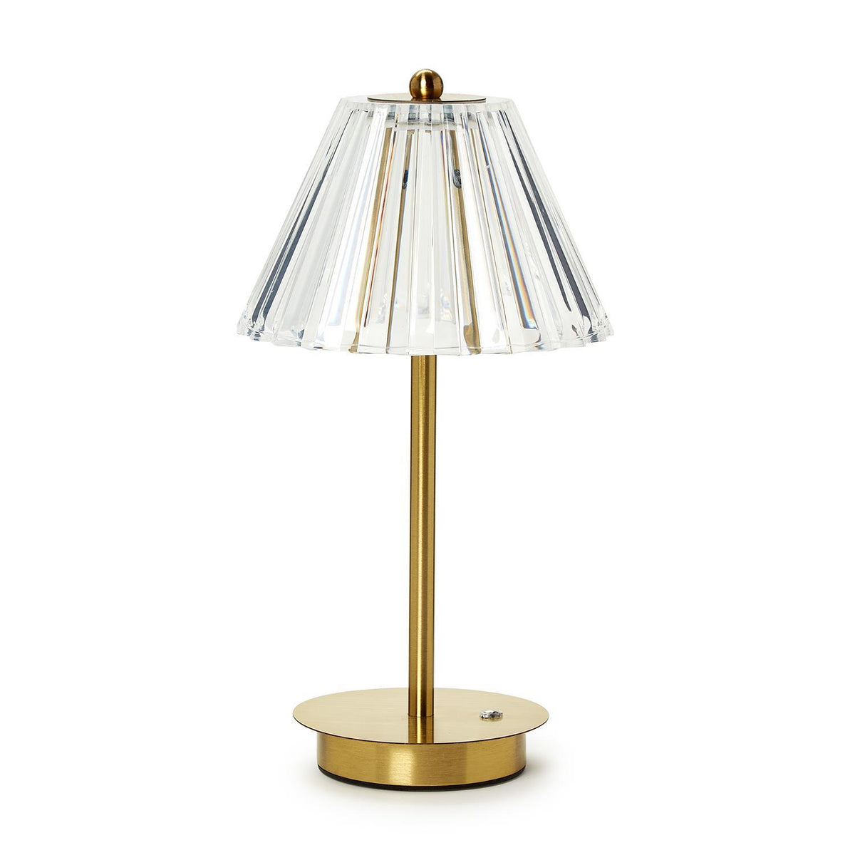 Cordless LED table lamp with clear acrylic shade on iron base in gift box packaging