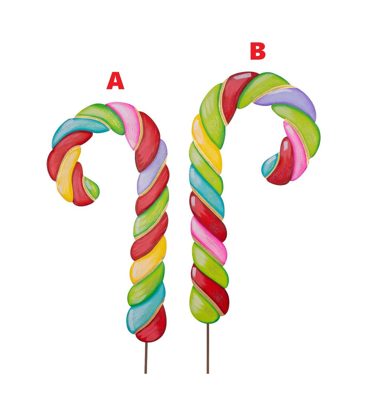 Large red candy cane stake with white stripes measuring 24 inches tall.