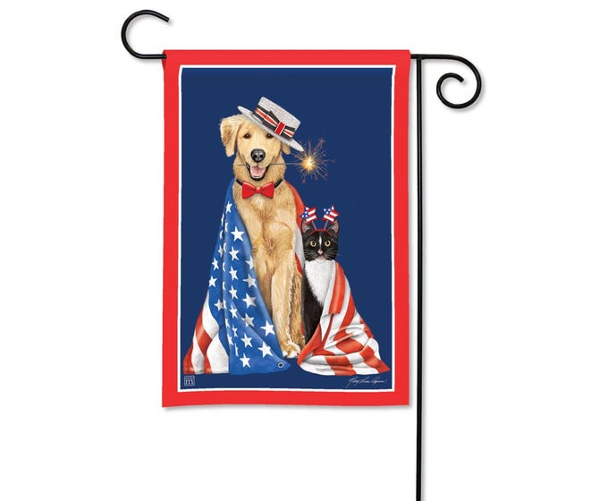 Garden flag featuring a Golden Retriever and a black and white cat draped in American flags, wearing patriotic hats.