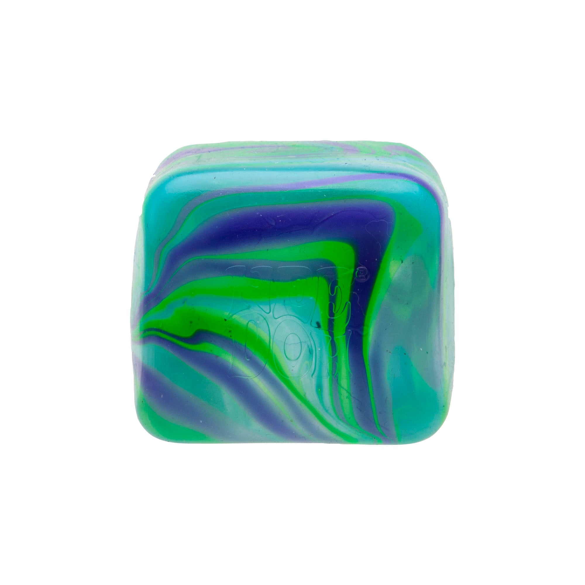 A square NeeDoh Nice Cube with a marbled swirl pattern of green, blue, and purple colors.