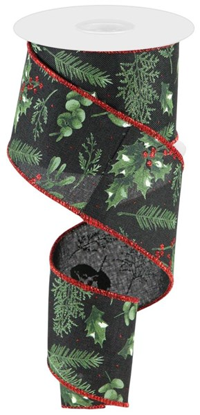 Black polyester winter foliage ribbon with sage green leaves and red berries.