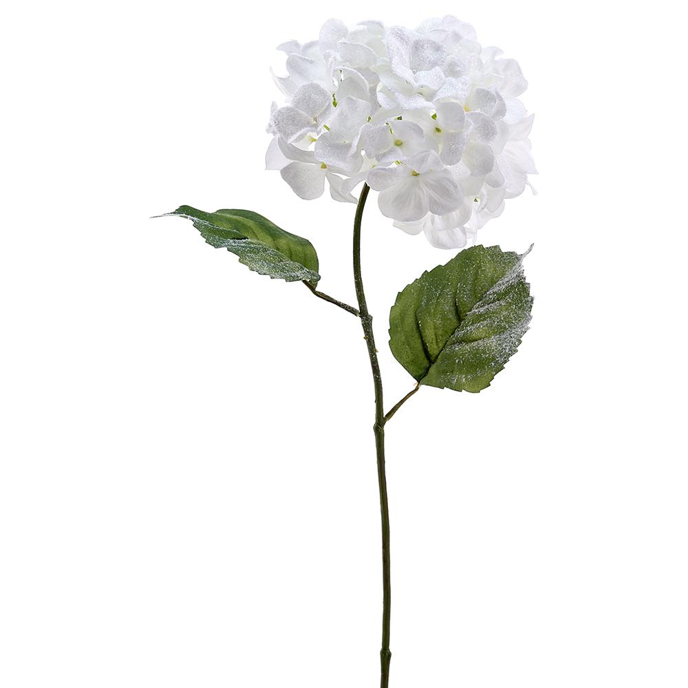 27-inch white artificial hydrangea spray with snow-dusted petals and green leaves on a single stem.