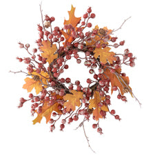 14-inch rosehip twig and pinecone candle ring with orange oak leaves and red berries.